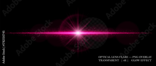 Optical lens flare with glowing core, scattered particles, and horizontal beam. Perfect for overlays, cinematic highlights, and futuristic visual effects in digital design.