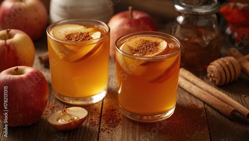 Fototapeta Naklejka Na Ścianę i Meble -  Delicious spiced beverage garnished with apple pieces in cups