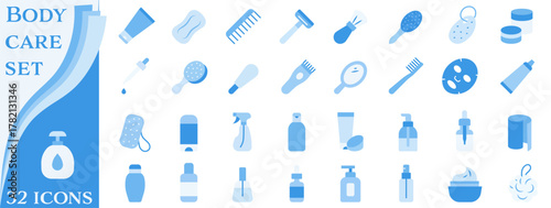 A set of icons in soft blue tones dedicated to the theme of hygiene and body care.