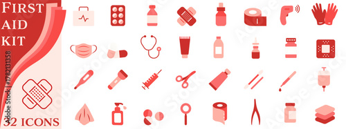 A set of icons in red and pink tones dedicated to medicine and first aid.