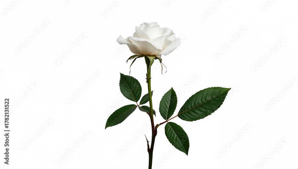 Obraz premium A solitary white rose with leaves and a bud against a white background, focusing on the delicate beauty of nature