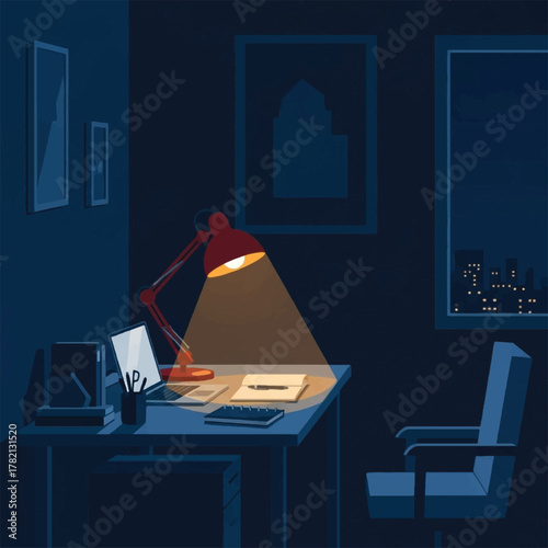 A dimly lit home office with a desk lamp illuminating a laptop and notebook for late-night work.