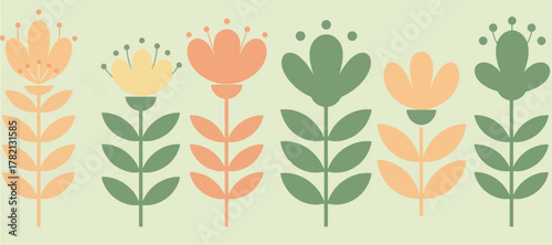 Charming horizontal banner with a row of geometric Scandinavian inspired flowers in a soft pastel color palette, ideal for a spring or summer theme