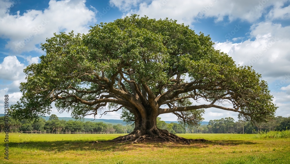 Obraz premium The tree has elaborate foliage above, showcasing a unique growth pattern