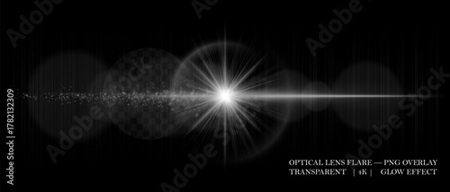 Bright optical lens flare with glowing particles, smooth reflections, and soft transparency. Perfect for overlays, highlights, and digital effects.