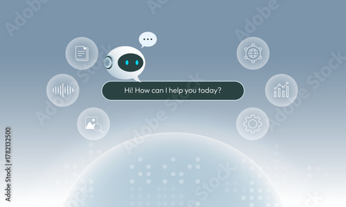 Chatbot and AI Assistant. Artificial Intelligence Chat bot. Chatbot Technology with Smart Search Automation, Digital Business Support, Input prompt as commands for search and analysis.
