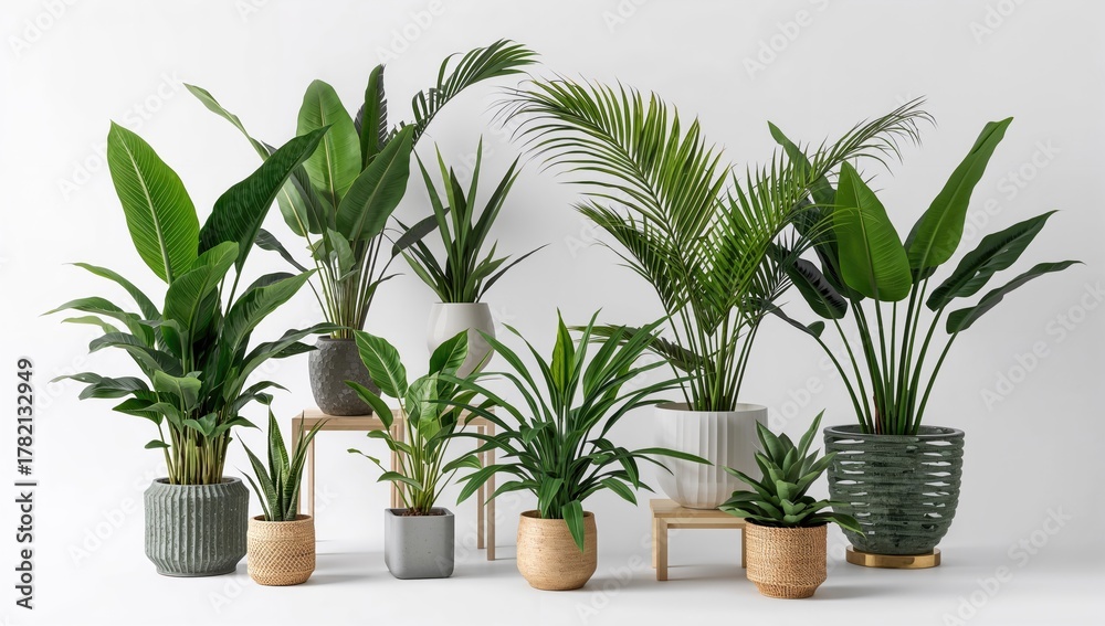 Fototapeta premium Indoor exotic plants displayed against a white backdrop, enhancing interior decor with vibrant greenery