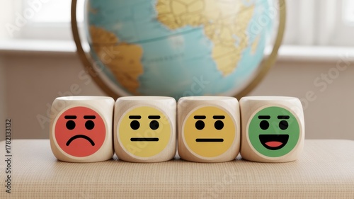 Emotional Spectrum: A collection of cubes, each emblazoned with a unique emotive face, and a globe, encapsulating the range of human sentiments and offering a glimpse into global perspectives.