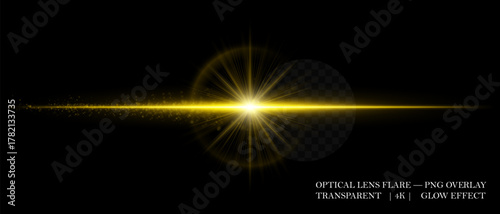 Horizontal optical lens flare with glowing dust and luminous beam. Great for cinematic overlays, highlight accents, and futuristic design compositions.