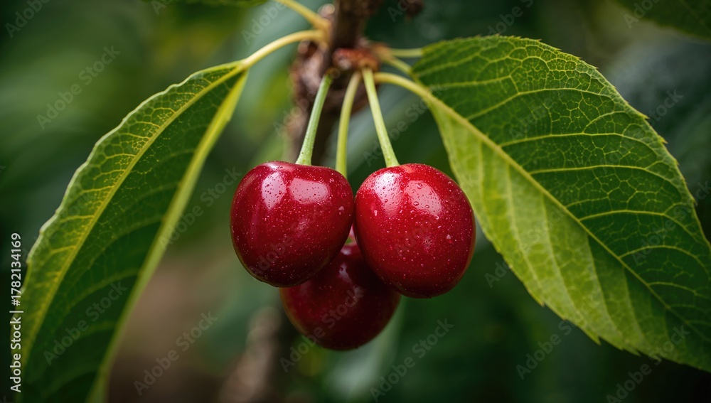 Obraz premium Close-up view of cherries nestled among green leaves, showcasing a fiber-dense choice