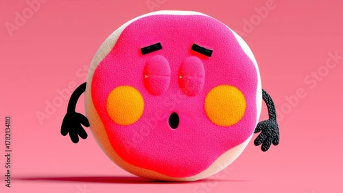 Animated character resembling a donut with expressive features, transitions from surprise to contemplation, showcasing emotional evolution, with a smooth camera zoom in emphasizing the character's rea