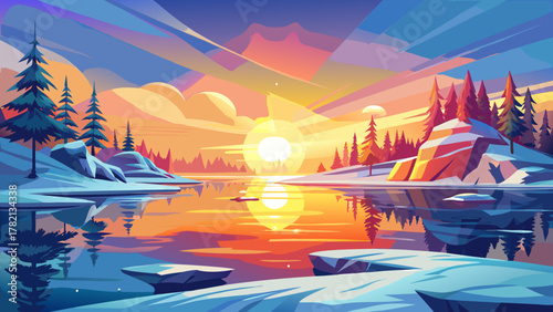 Very beautiful bright warm sunrise behind a frozen island and lakeshore, with icy reflections on the water, soft golden light, and a realistic serene winter landscape.