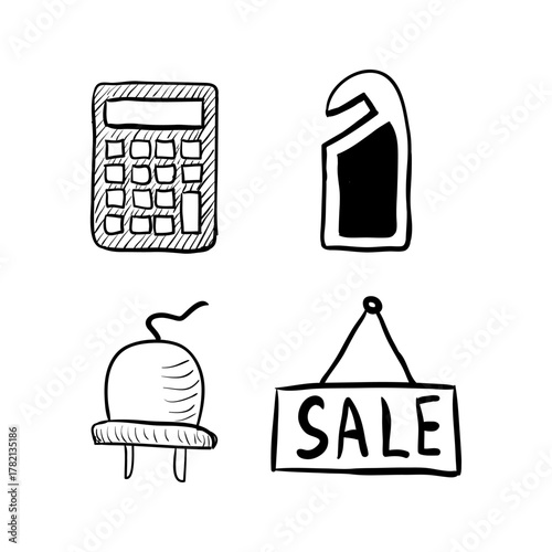 Collection of Hand-Drawn Icons Calculator, Door Hanger, Power Plug, and Sale Sign