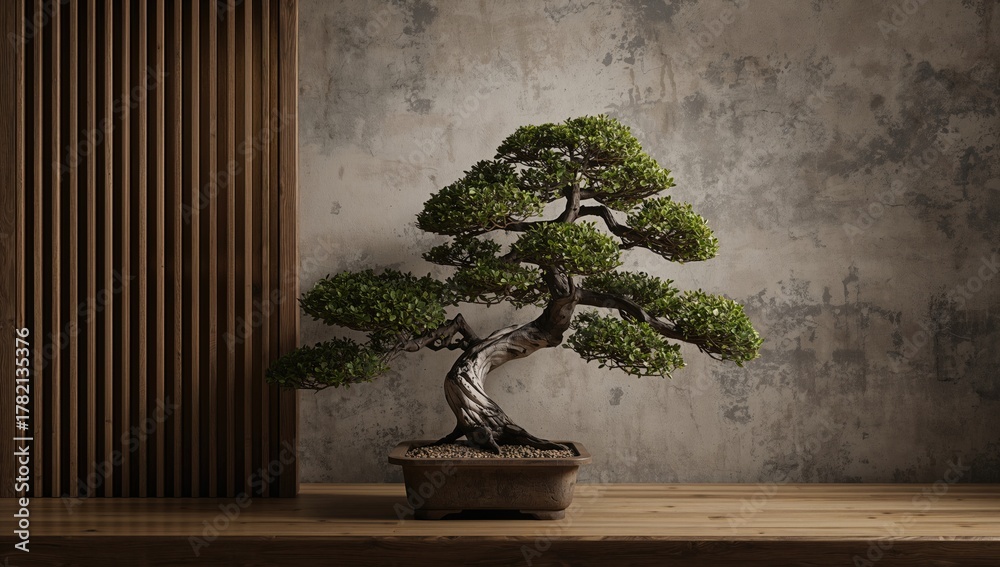 Fototapeta premium Bonsai tree positioned near a wooden wall, enhancing natural aesthetics