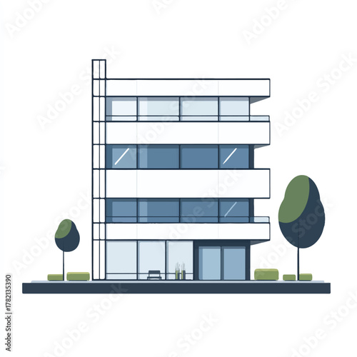 Modern Minimalist Apartment Building with Balconies and Trees