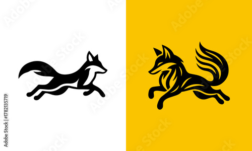 Illustration of a running fox in black and white and a colorful version on a yellow background