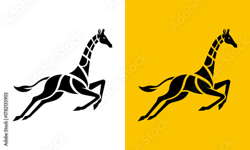 Silhouette of a running giraffe in black and white and yellow and blue color scheme