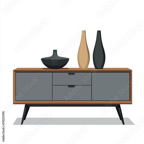 Modern Sideboard with Decorative Vases on White Background