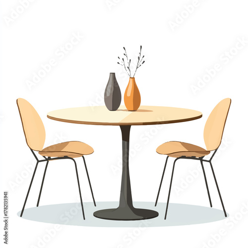 Modern Round Dining Table with Two Chairs and Vases.