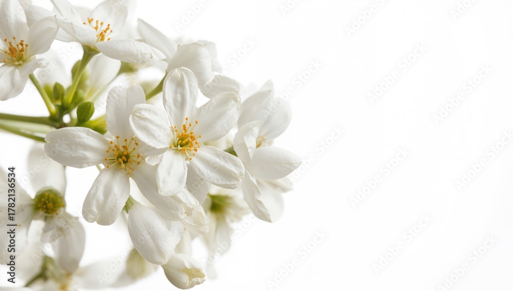 Obraz premium Jasmine spring flowers arranged on a white backdrop, suitable for editorial header background