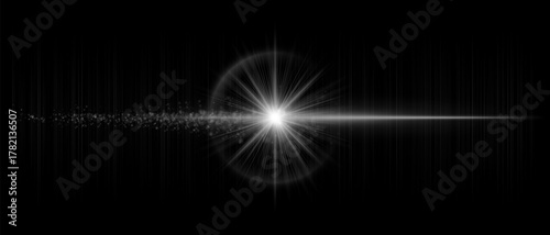 Lens flare with glowing dust trail and strong luminous beam. Ideal for overlays, futuristic lighting, and motion graphics with a cinematic atmosphere.