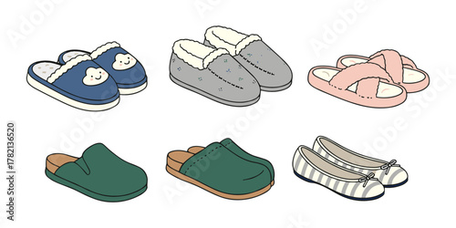 Footwear collection featuring different types of slippers and shoes