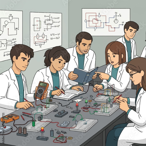 A group of diverse students in lab coats collaborating on electronics projects in a classroom laboratory.