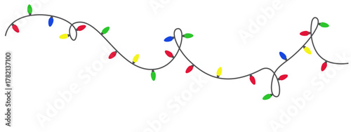 Garland lights string isolated on transparent background. Garlands tangled with colored bulbs. Glowing Xmas festive string decoration with hanging retro lamps for holiday xmas cards, banners, posters.