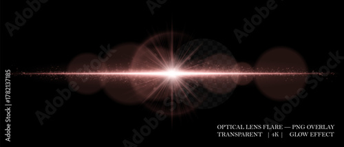 Optical lens flare with glowing core, scattered particles, and horizontal beam. Perfect for overlays, cinematic highlights, and futuristic visual effects in digital design.