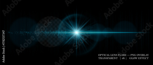 Bright optical lens flare with glowing particles, smooth reflections, and soft transparency. Perfect for overlays, highlights, and digital effects.