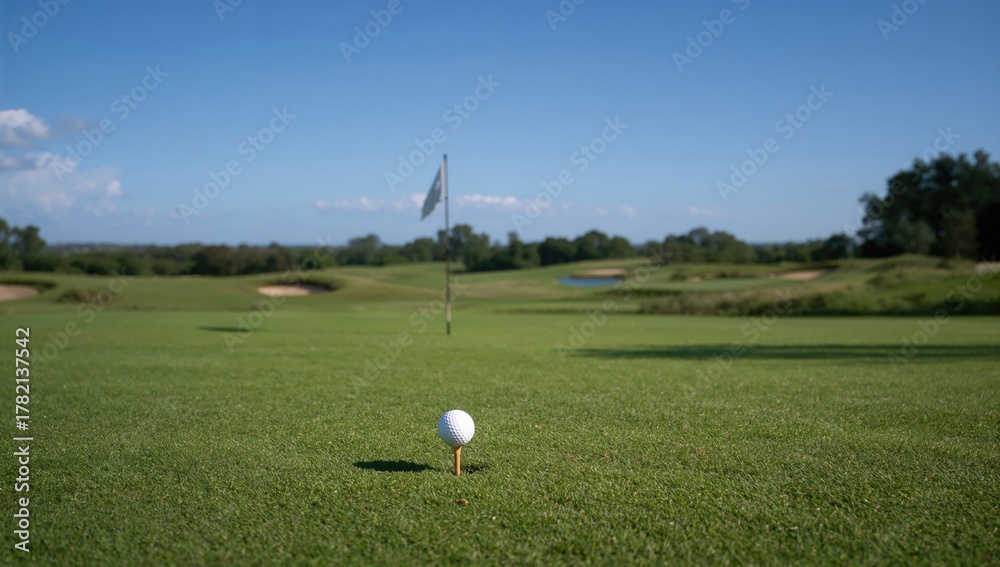 Fototapeta premium Game of golf featuring a ball on the grass, focus on technique and precision