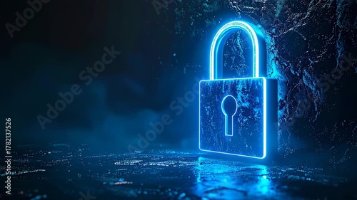 Neon Blue Padlock Symbolizing Digital Security and Data Protection.