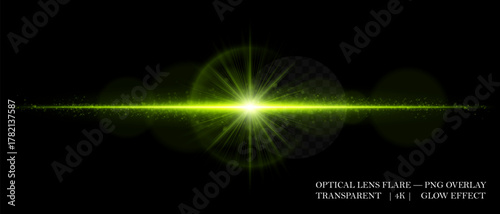 Optical lens flare with glowing core, scattered particles, and horizontal beam. Perfect for overlays, cinematic highlights, and futuristic visual effects in digital design.