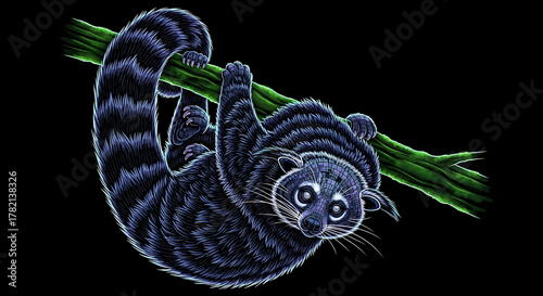 Cyber Mosaic Neon Binturong, Bearcat Creature Art, Glowing Prehensile Tail