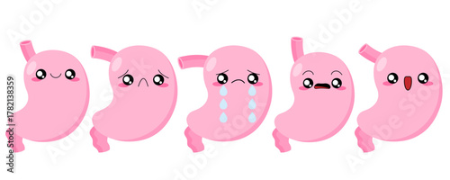 Cartoon stomach set. Healthy, Heartburn, gastritis, atony, nausea, Helicobacter, cancer, digestive problems. Cartoon human internal organs. Stock vector illustration isolated on white background.