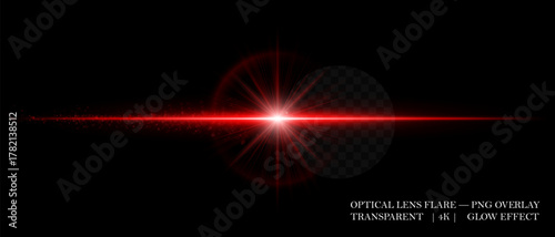 Horizontal optical lens flare with glowing dust and luminous beam. Great for cinematic overlays, highlight accents, and futuristic design compositions.