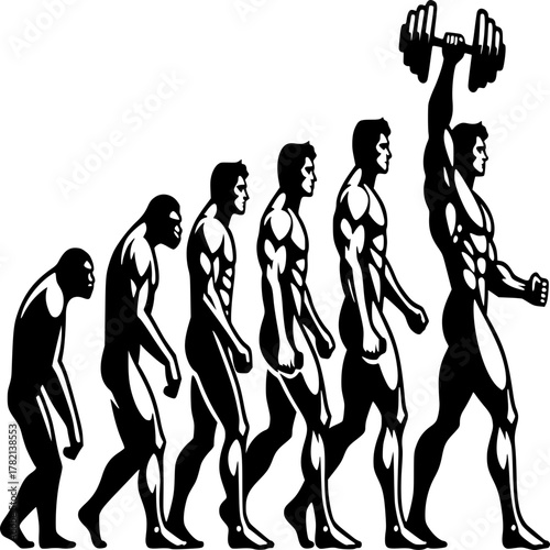 Evolution of Strength: Depicts the progression of strength, from the dawn of humanity to the pinnacle of physical prowess, lifting a dumbbell aloft. A powerful visualization.