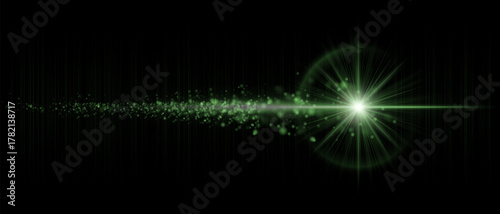 Dynamic optical flare with scattered glowing particles and strong luminous beam. Suitable for cinematic overlays, futuristic lighting, and motion graphics.