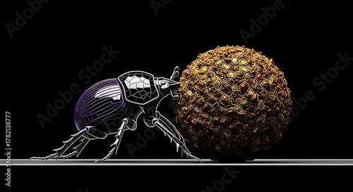 Mosaic Neon Dung Beetle Rolling Ball, Industrious Insect Art, Bioluminescent Sculpture
