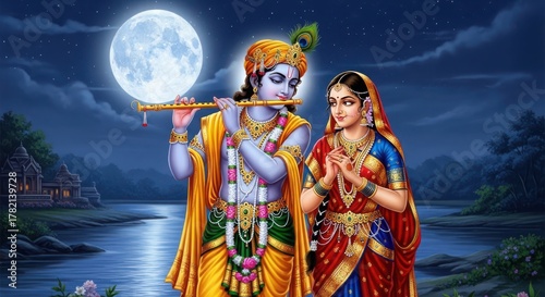 Lord krishna playing flute with radha under the full moon night