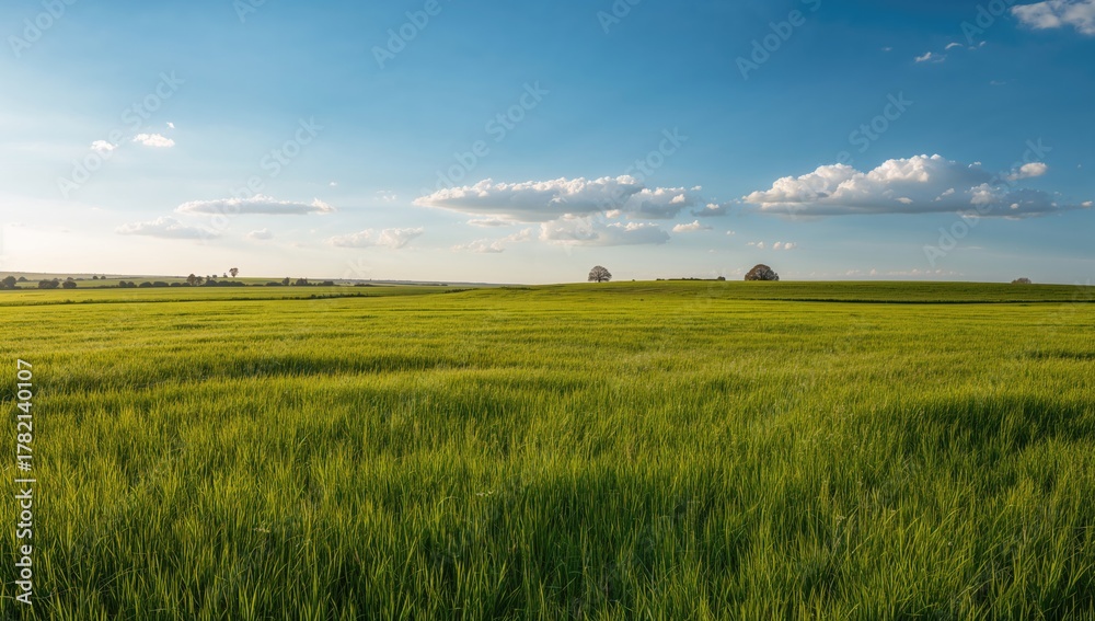 Fototapeta premium A vibrant green landscape under clear blue skies, showcasing seasonal change