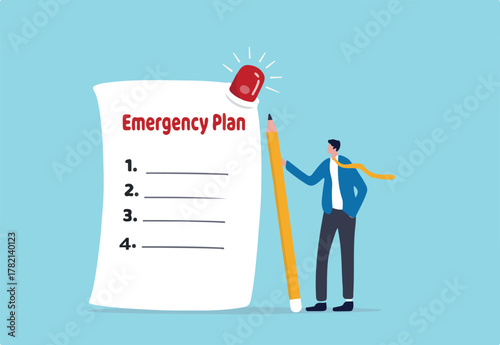 Business emergency plan, checklist to do when disaster happen to continue business and build resilience concept, smart businessman leader holding pencil with paper of emergency plan flashing siren.
