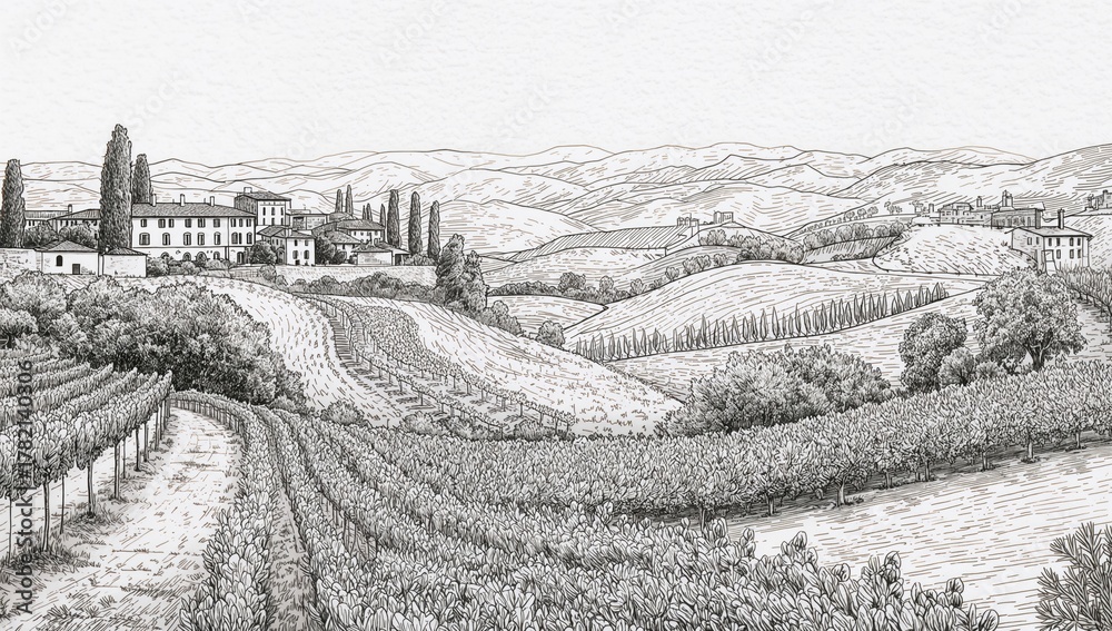 Fototapeta premium Black and white illustrations of a Tuscan landscape, artistic representation of rural scenery