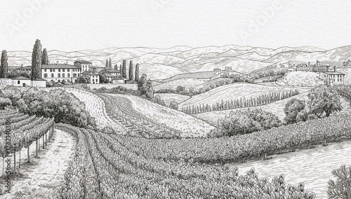 Black and white illustrations of a Tuscan landscape, artistic representation of rural scenery