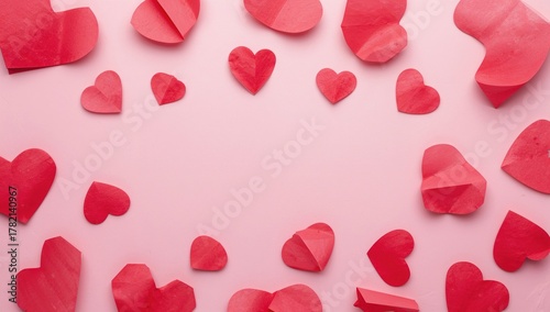 Paper hearts against a soft pink backdrop, suitable for greeting cards, Valentine's Day