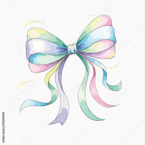 Vector Illustration of Rainbow Pastel Bow with Ribbons in Organic Style for Children's or Fashion Design