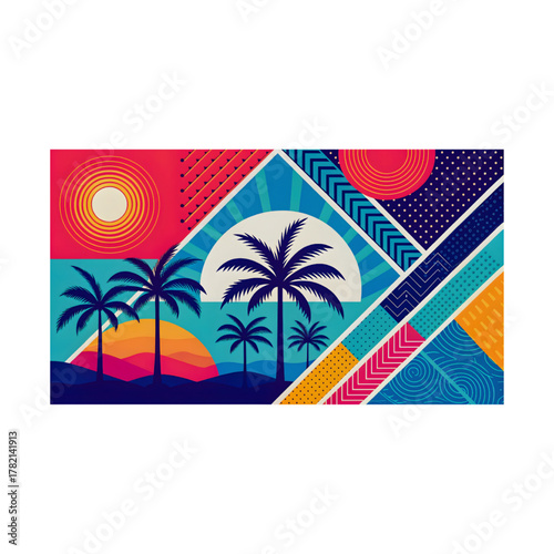 Tropical Geometric Art with Palm Trees, Sunburst Sky, and Abstract Patterns in Vibrant Color Palette