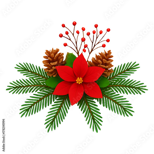 Christmas Poinsettia Floral Arrangement With Pinecones And Berries