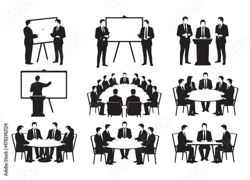 Set of business meeting icons black and white vector silhouette illustrations depicting teamwork and presentations