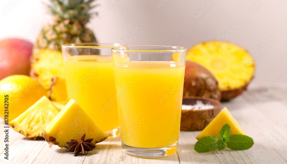 Fototapeta premium Refreshing fruit juice filled glasses are arranged with pineapple, mango and star anise on a white wooden surface